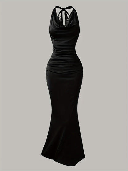 Women's evening dress with cowl neckline and back tie – elegant maxi dress for festive occasions