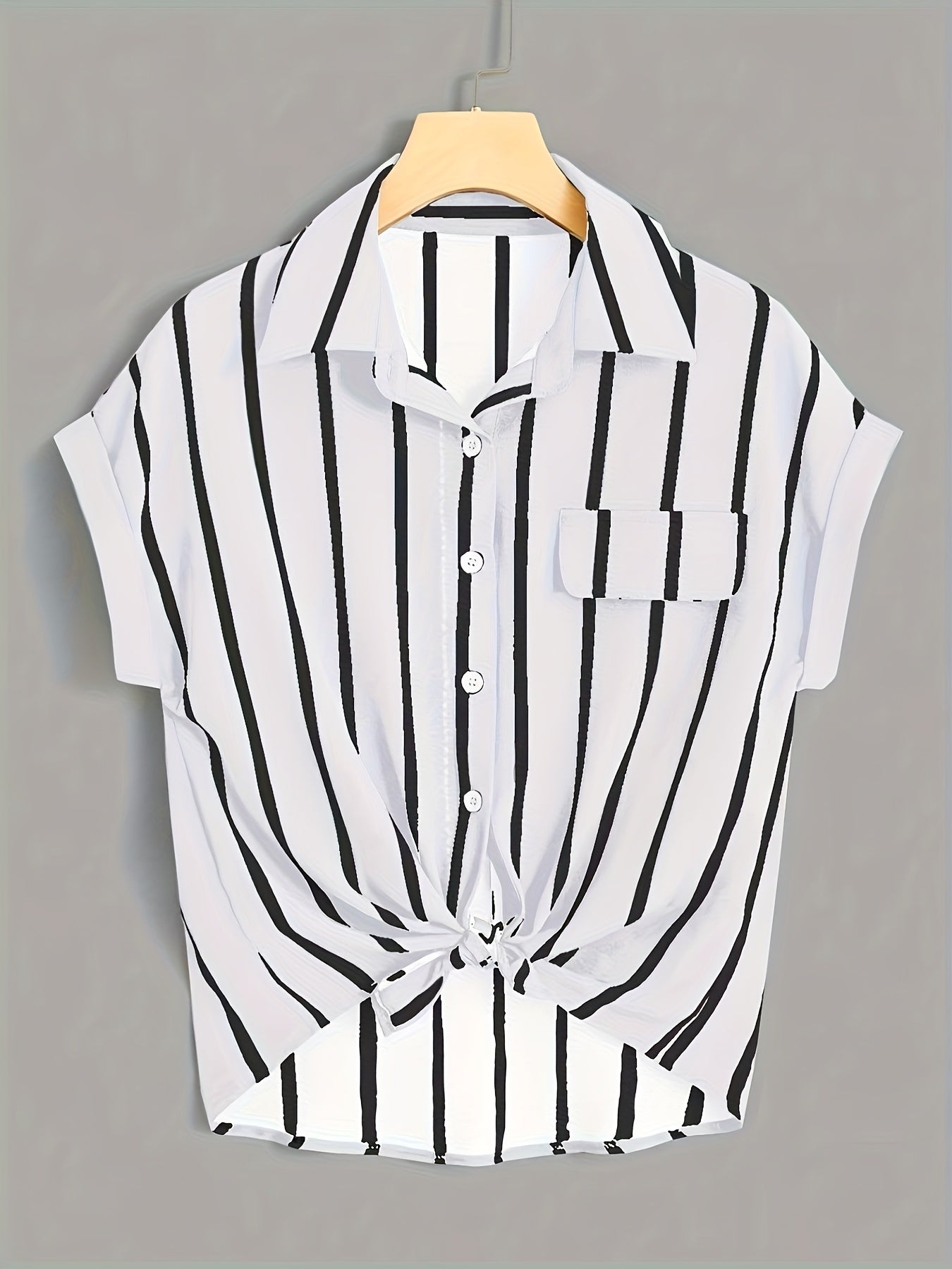 Women's Short-Sleeve Striped Blouse with Knot and Chest Pocket – Summer, Elegant, Casual