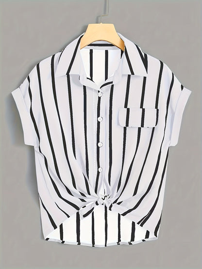 Women's Short-Sleeve Striped Blouse with Knot and Chest Pocket – Summer, Elegant, Casual