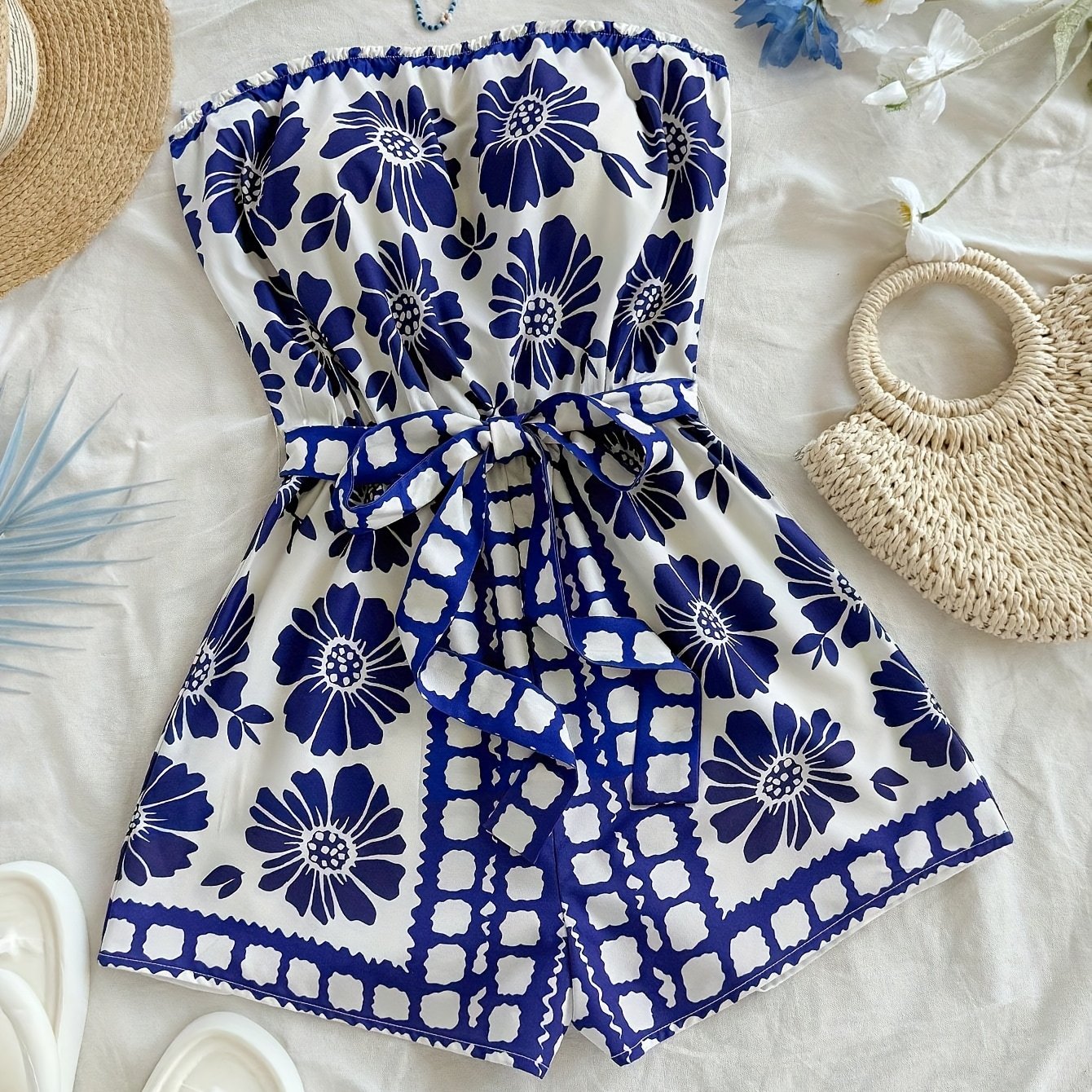 Women's Bandeau Jumpsuit with Floral Pattern and Waist Belt – Summer One-Piece for Vacation and Leisure