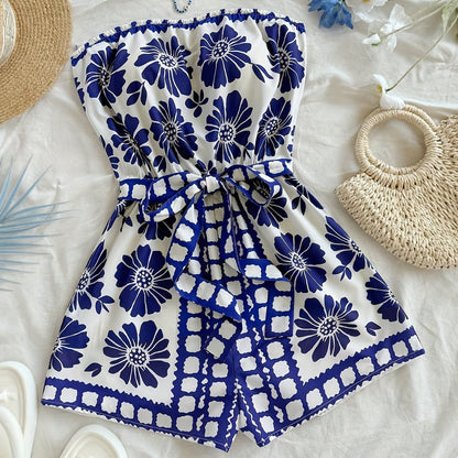 Women's Bandeau Jumpsuit with Floral Pattern and Waist Belt – Summer One-Piece for Vacation and Leisure