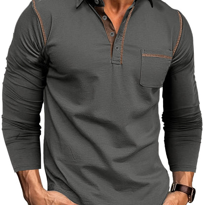 Men's long-sleeve polo shirt with chest pocket and contrast stitching