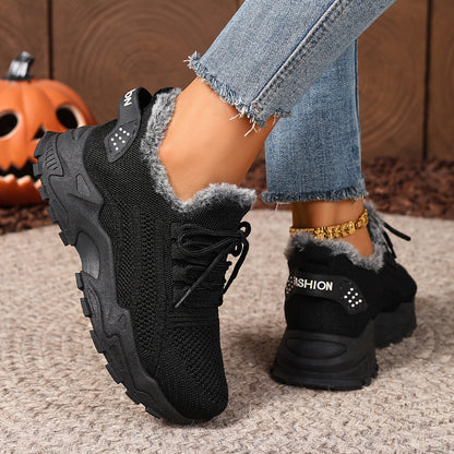 Damen Sneaker mit Strick-Obermaterial und Futter in Pelz-Optik Rot