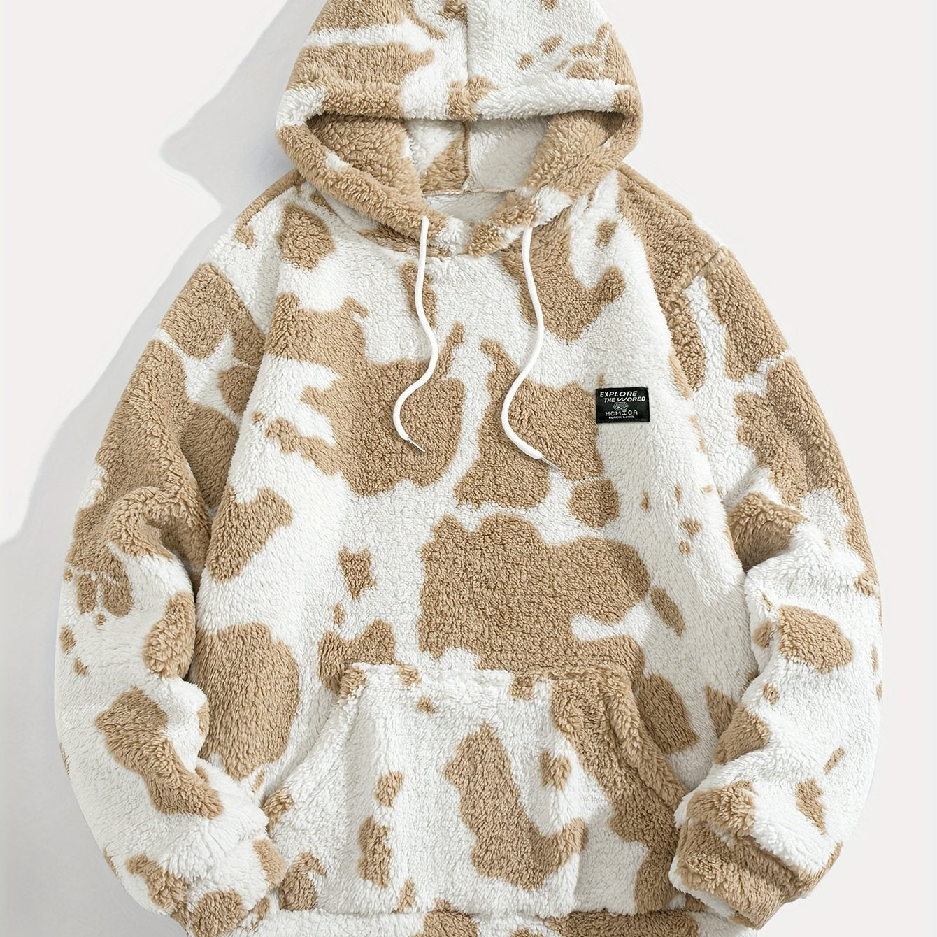 Teddyfleece Hoodie Kuhflecken-Muster mit Kängurutasche und Kapuze