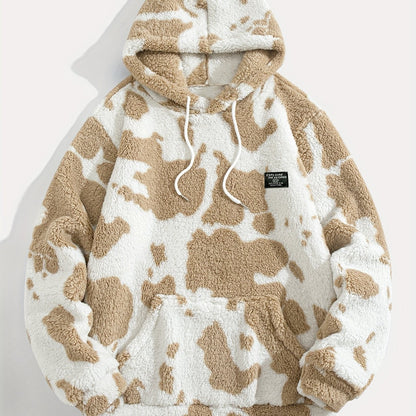 Teddyfleece Hoodie Kuhflecken-Muster mit Kängurutasche und Kapuze