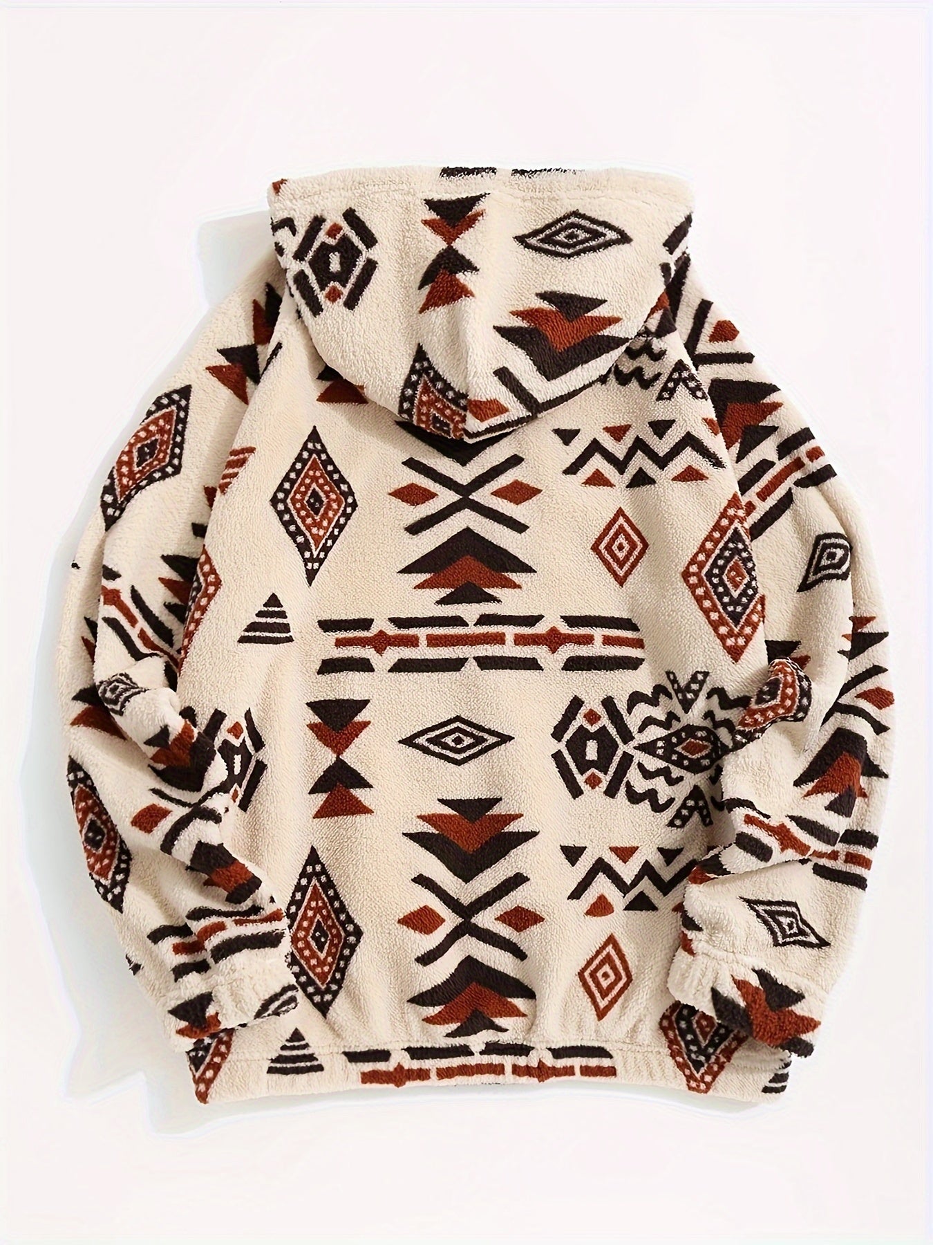 Unisex teddy hoodie with ethnic pattern in beige/brown/black