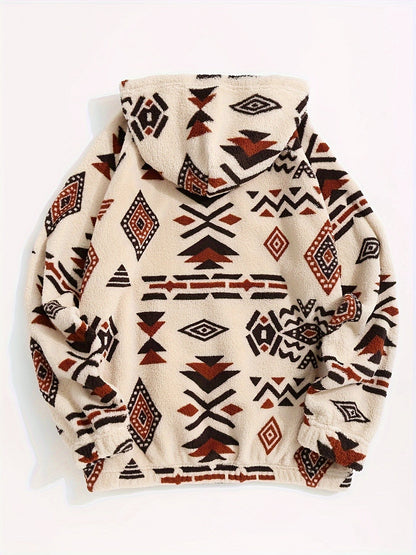 Unisex teddy hoodie with ethnic pattern in beige/brown/black