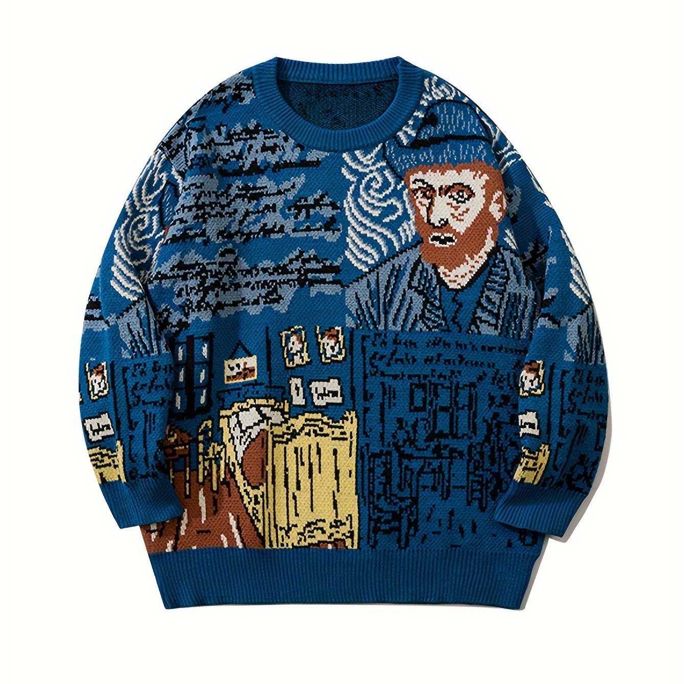 Strickpullover mit Kunstmotiv, Rundhalsausschnitt, Blau, Unisex
