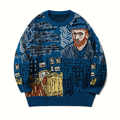 Strickpullover mit Kunstmotiv, Rundhalsausschnitt, Blau, Unisex