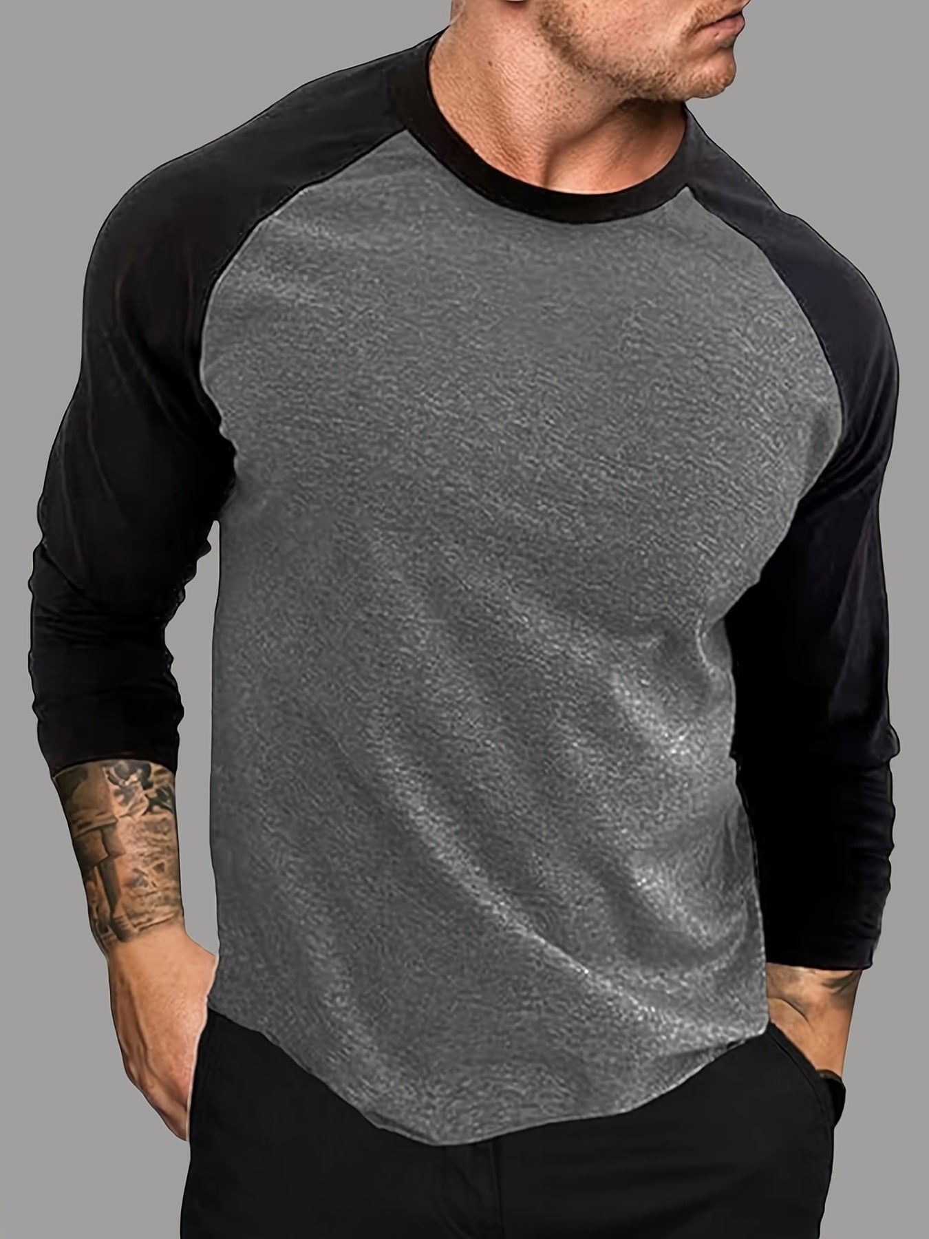 Men's raglan long-sleeve two-tone crew-neck shirt