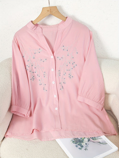 Women's Blouse Elegant Embroidered Summer Semi-Transparent with Stand-Up Collar – Casual & Office