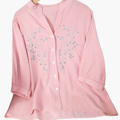 Women's Blouse Elegant Embroidered Summer Semi-Transparent with Stand-Up Collar – Casual & Office