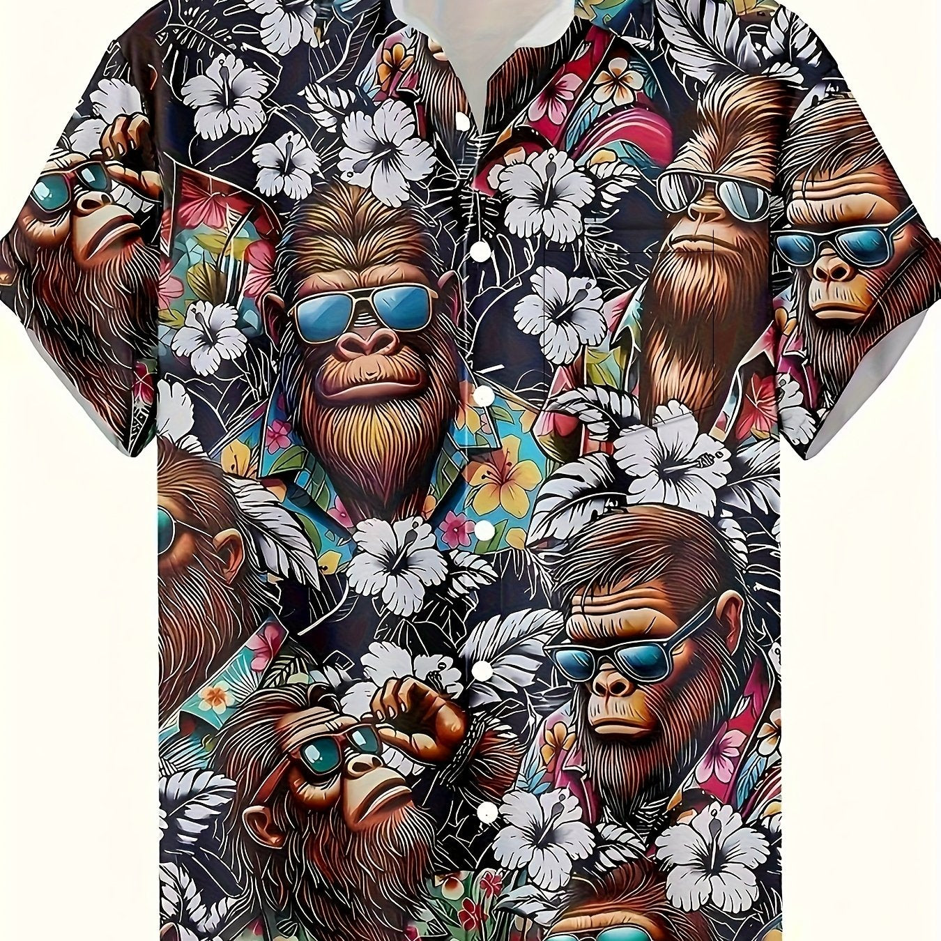Herren Hawaiihemd mit Affen- und Blumenmuster – Lustiges Sommerhemd, Kurzarm, Freizeit