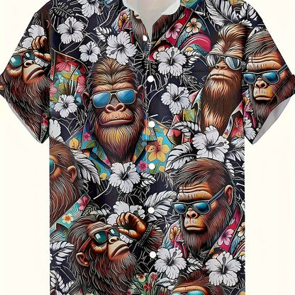 Herren Hawaiihemd mit Affen- und Blumenmuster – Lustiges Sommerhemd, Kurzarm, Freizeit