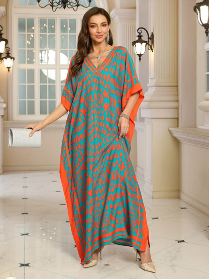 Women's Boho Kaftan Maxi Dress with V-Neck – Elegant Casual Dress for Summer and Vacation