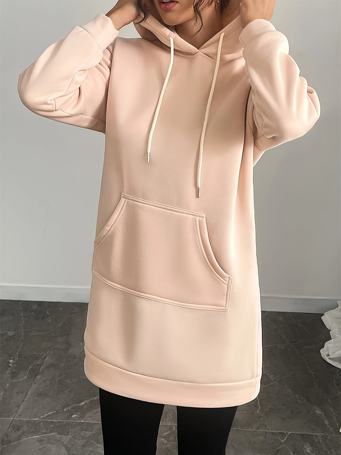 Damen Langarm Hoodie-Kleid mit Kapuze und Kängurutasche