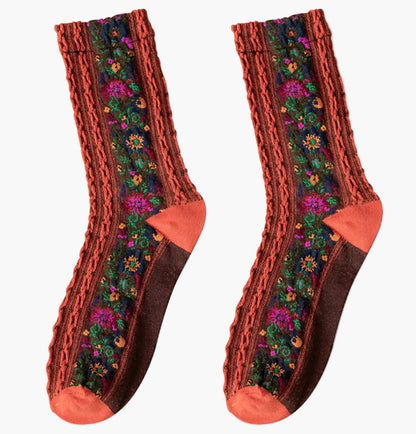 Women's Vintage Socks with Floral Embroidery – Elegant Jacquard Socks in Retro Style, Pack of 5
