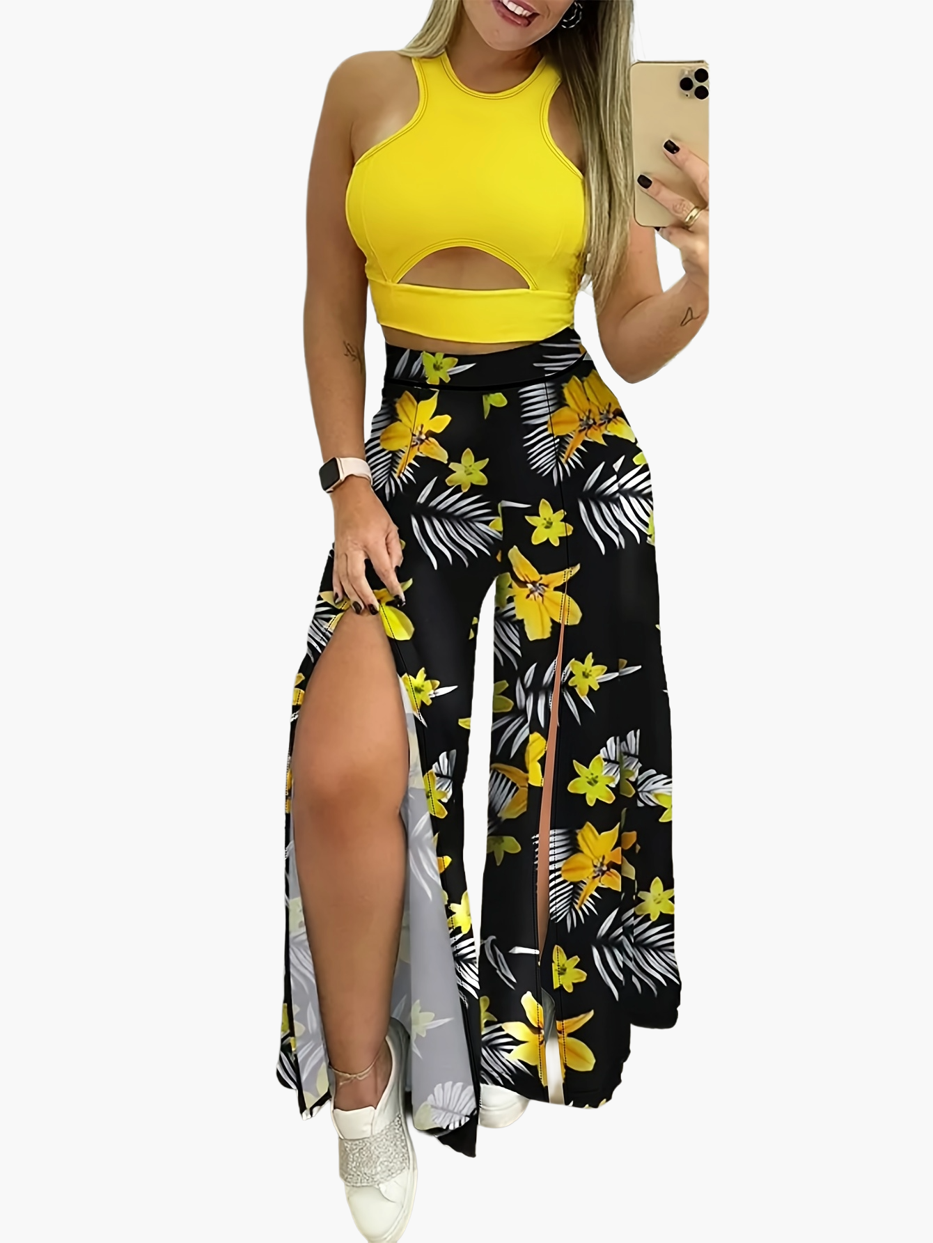 Women's Elegant Summer Set with Crop Top and Maxi Skirt, Floral Pattern, Perfect for Vacation & Leisure