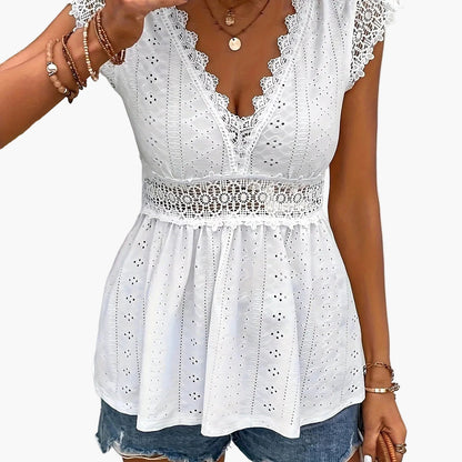 Women's Boho Lace Blouse with Deep V-Neck and Crochet Lace – Summer Vacation and Casual Wear