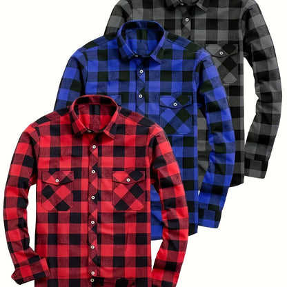 Men’s plaid long-sleeve casual shirt with chest pockets
