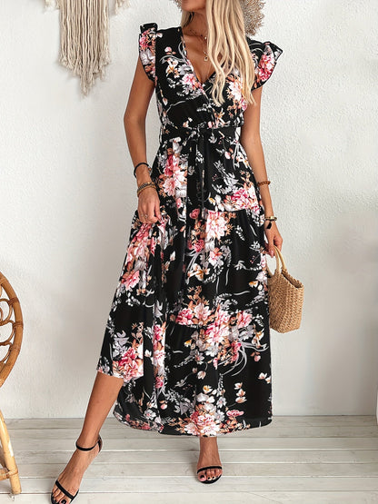 Women's Maxi Dress with Floral Pattern, V-Neck, Belt – Elegant Summer Dress for Vacation & Leisure