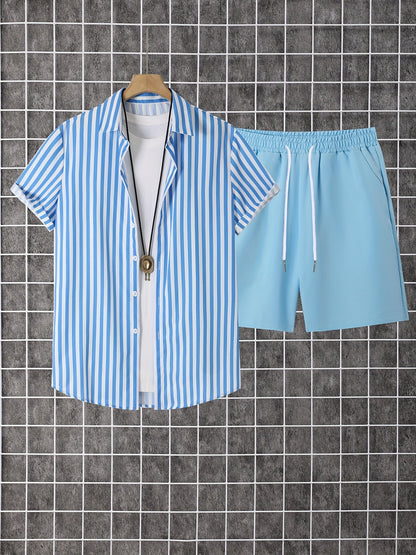 Men's Summer Set – Modern Casual Outfit with Striped Short-Sleeve Shirt and Shorts, Ideal for Vacation & Everyday Wear