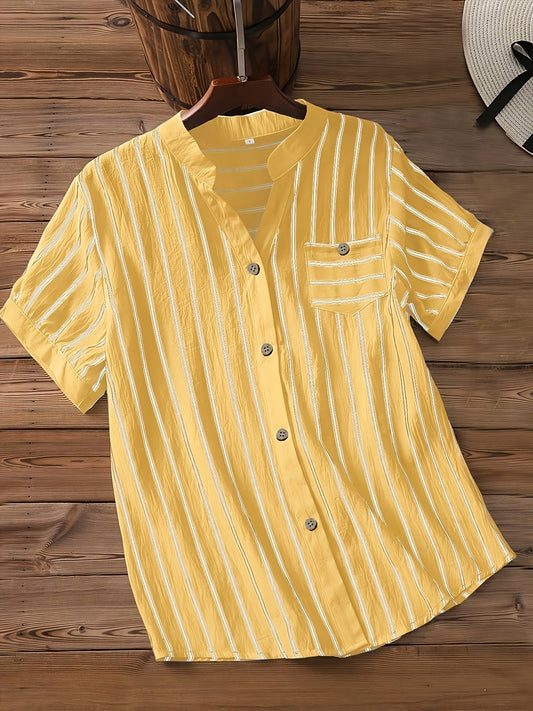 Women's short-sleeve blouse with stand-up collar and button placket – Casual stripes, summer tunic, office & leisure