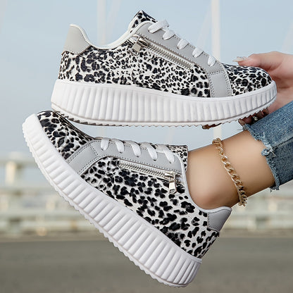 Women's Platform Sneakers with Leopard Print and Zipper – Fashionable Casual Shoes for Everyday and Street Style