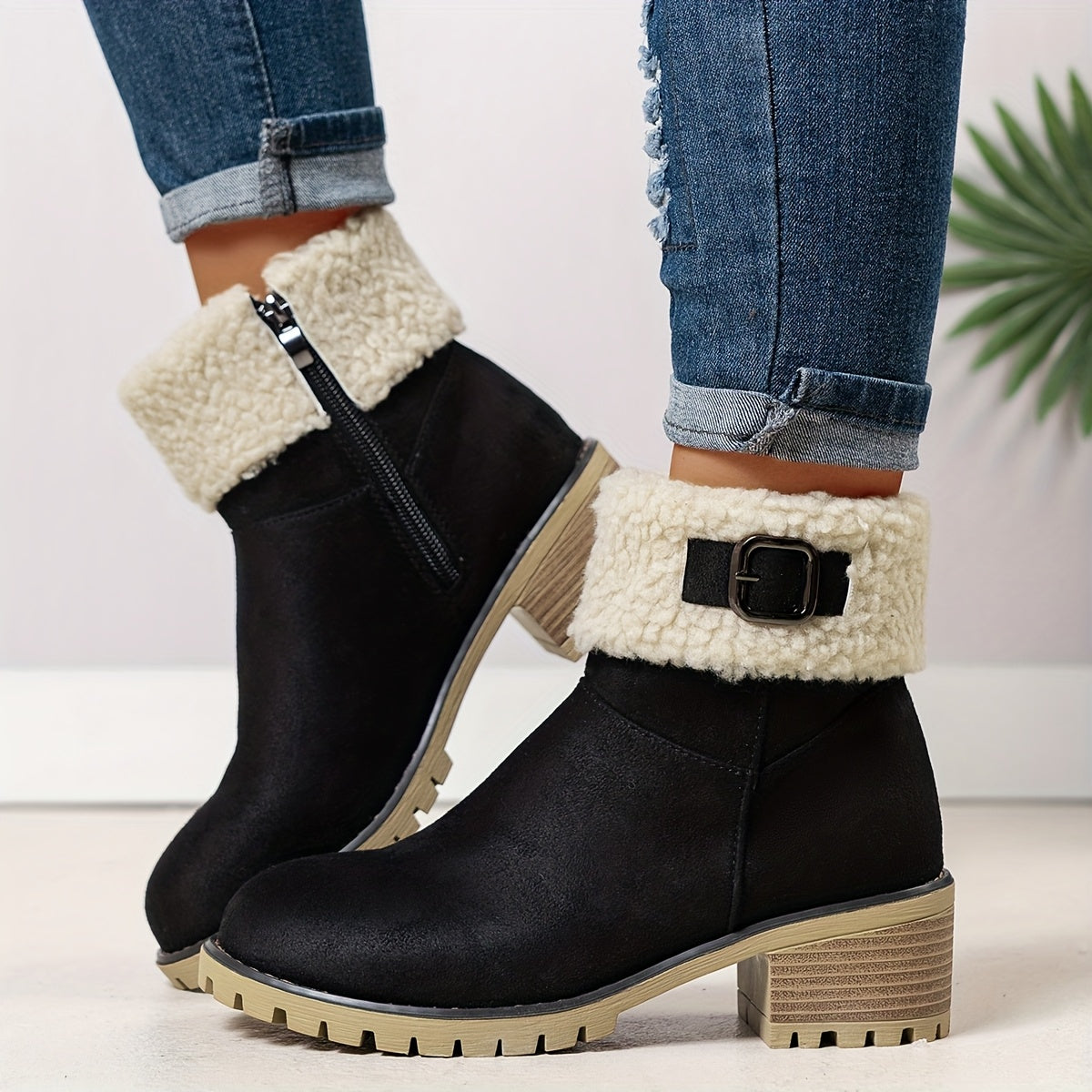 Women’s short winter boots with warm lining, buckle, and heel