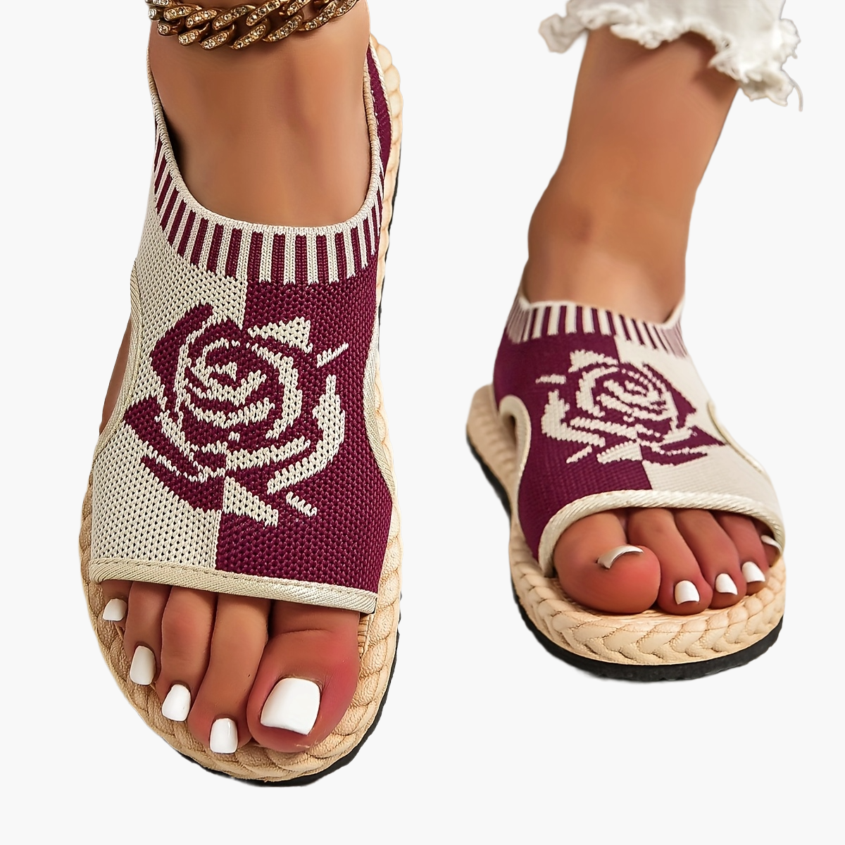 Damen Sommer-Sandalen mit Blumenmuster – Bequeme Freizeitschuhe mit offener Spitze