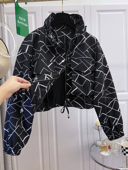 Women’s short jacket with stand-up collar and patterned print