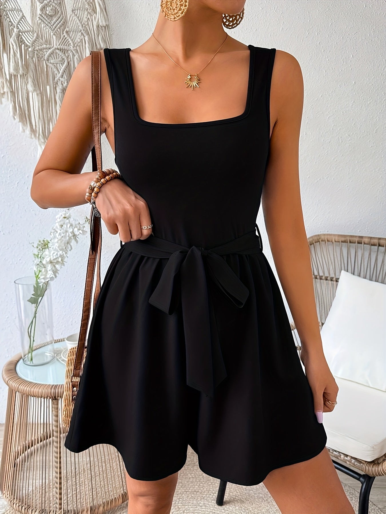 Women's Elegant Jumpsuit with Waist Belt and Square Neck for Spring & Summer