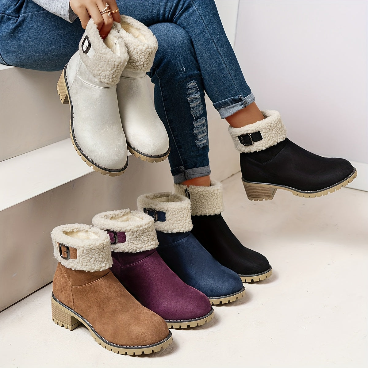 Women’s short winter boots with warm lining, buckle, and heel