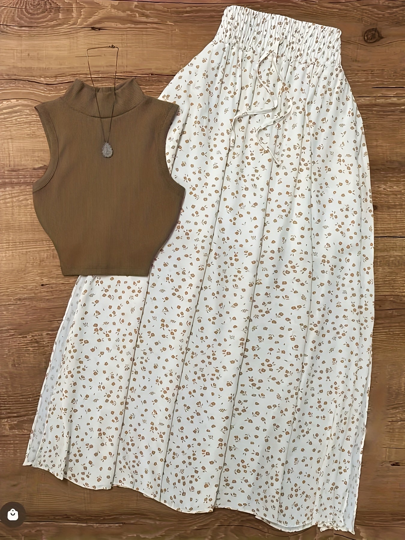 Damen Zweiteiliges Set – Ärmelloses Oberteil mit Stehkragen und Blumenrock – Modischer Freizeit-Look