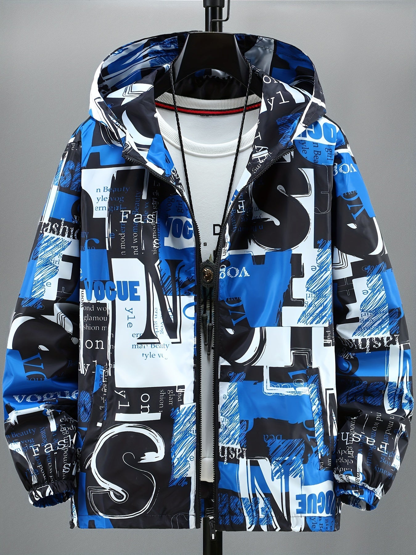 Unisex hooded jacket with all-over print, zip-up windbreaker, red, black, white