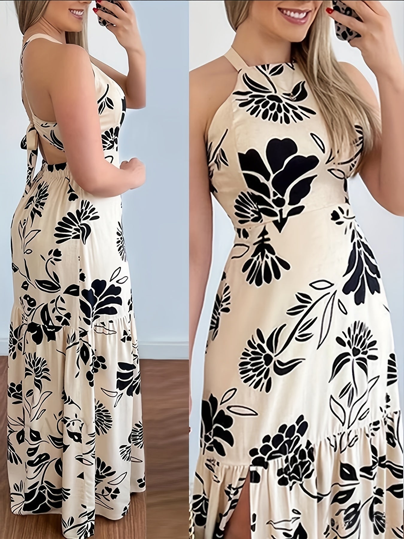 Women's Elegant Fit & Flare Maxi Dress with Floral Pattern for Vacation and Summer Parties