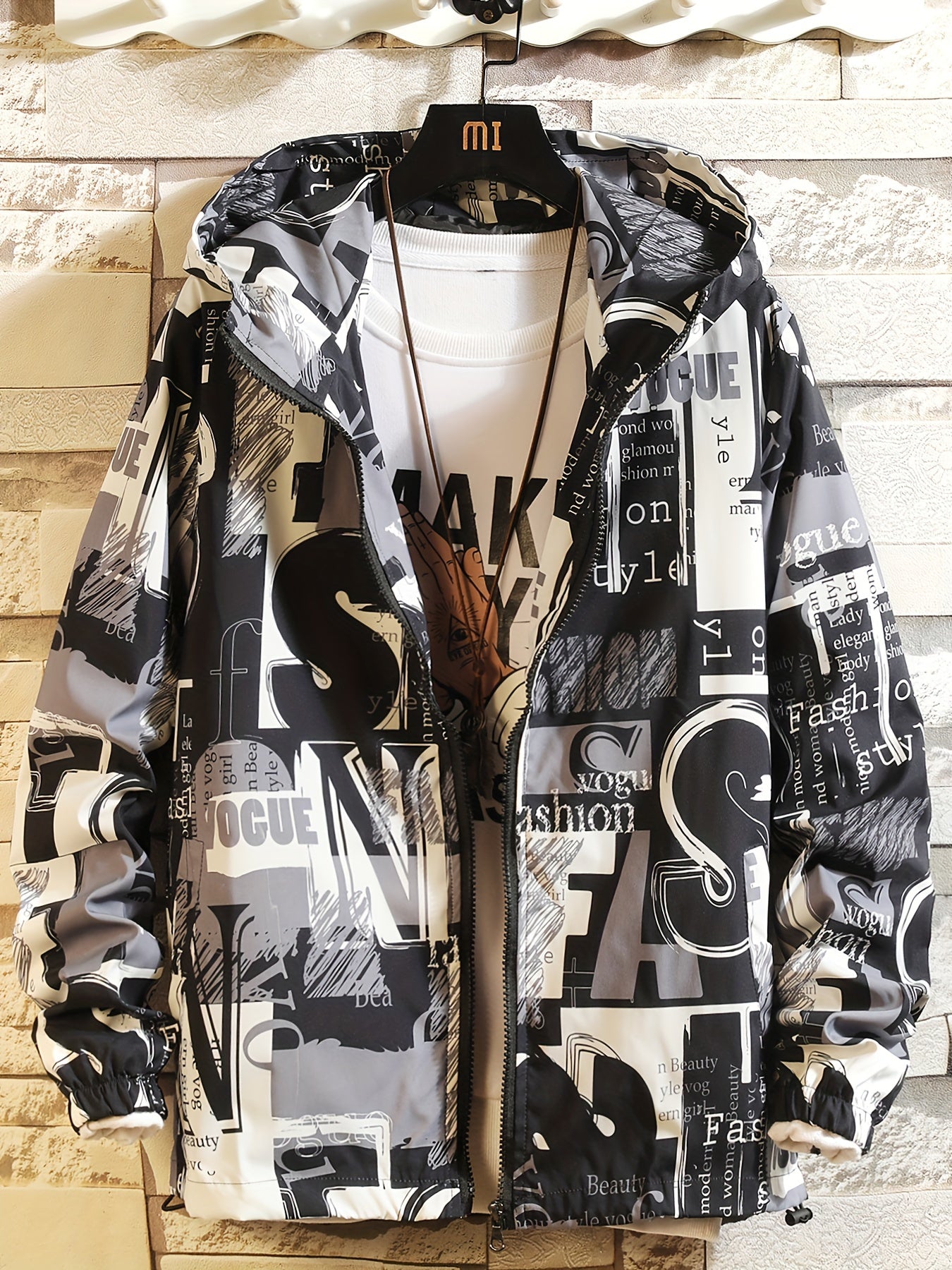 Unisex hooded jacket with all-over print, zip-up windbreaker, red, black, white