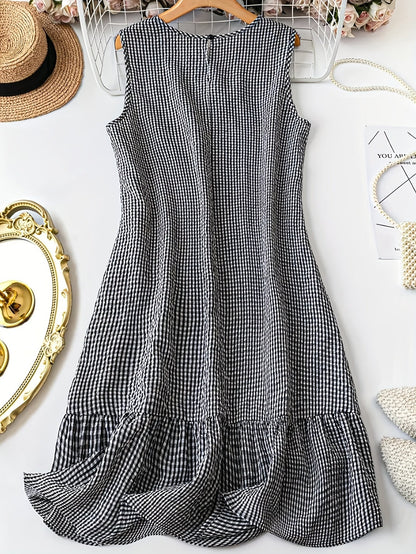 Women's Sleeveless Checked Midi Dress with Ruffles – Elegant Casual Look for Everyday and Outings