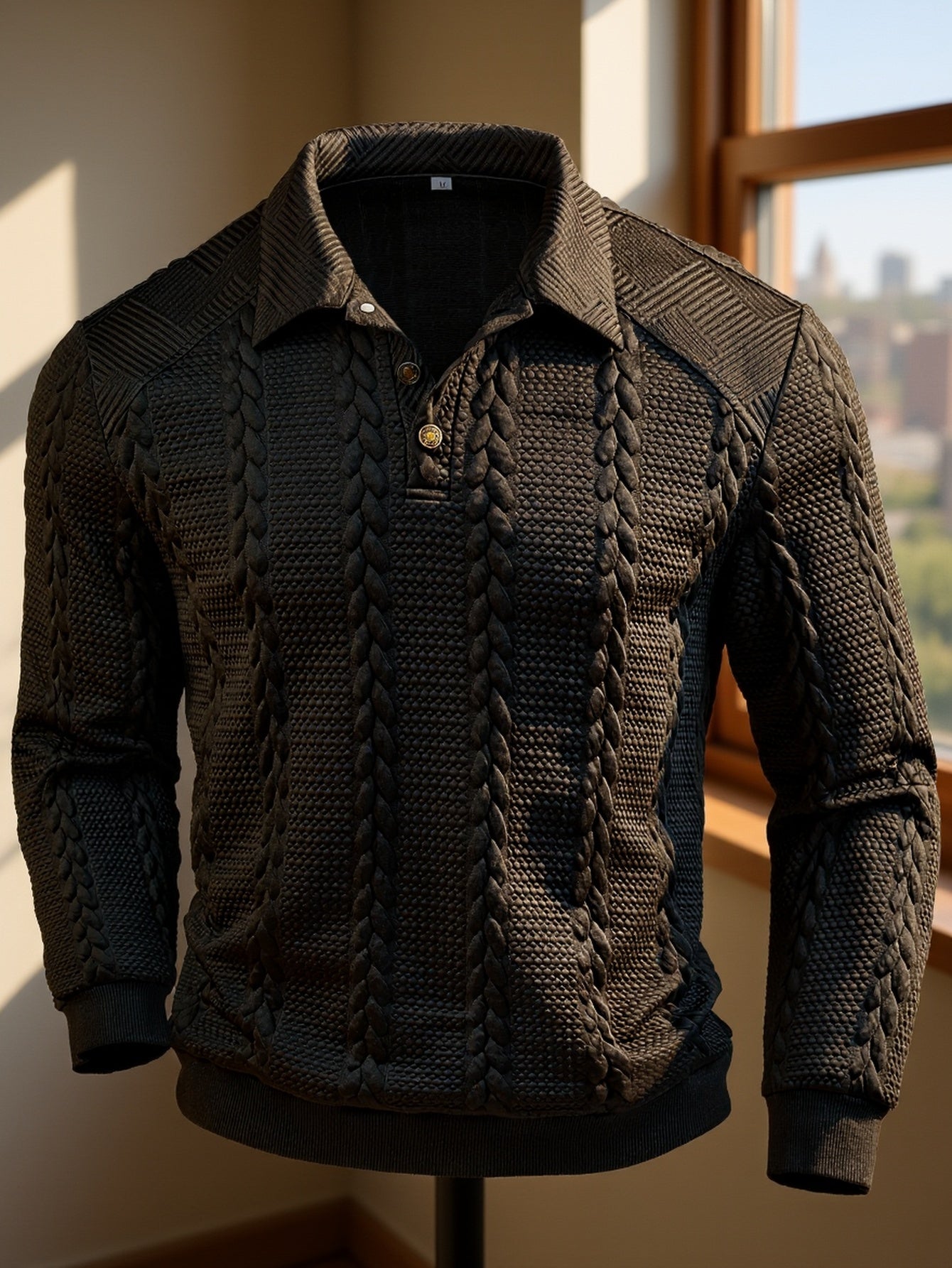 Men's textured black long-sleeve knit polo shirt