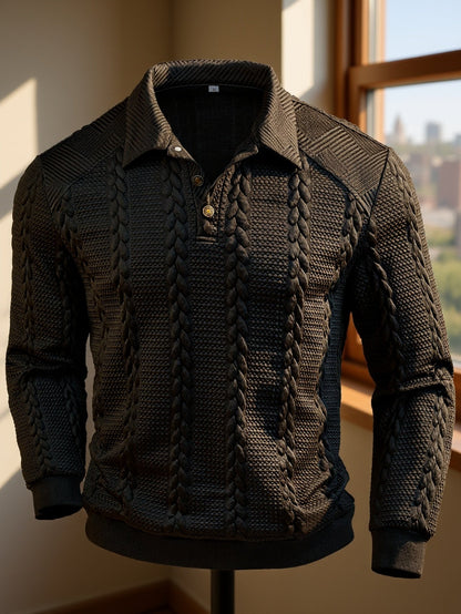 Men's textured black long-sleeve knit polo shirt