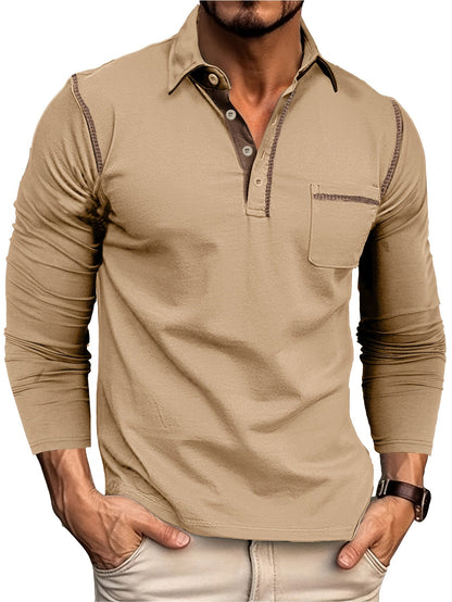 Men's long-sleeve polo shirt with chest pocket and contrast stitching