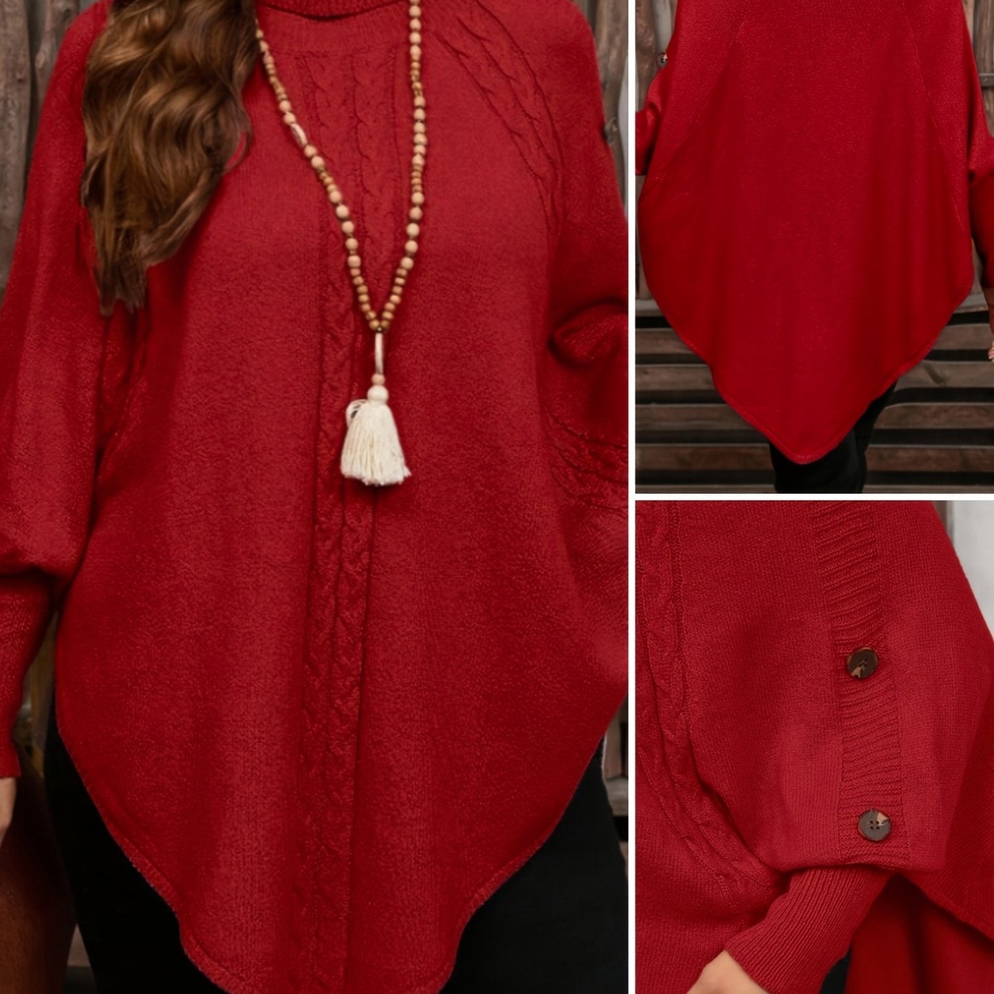Damen Strick-Poncho mit Rollkragen, Zopfmuster und Knopfdetails