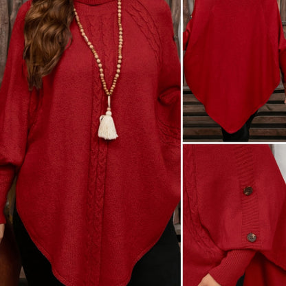 Damen Strick-Poncho mit Rollkragen, Zopfmuster und Knopfdetails