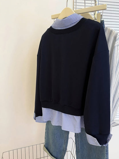 Damen Layering-Sweatshirt mit Hemdeinsatz, Baumwollmischung, Langarm