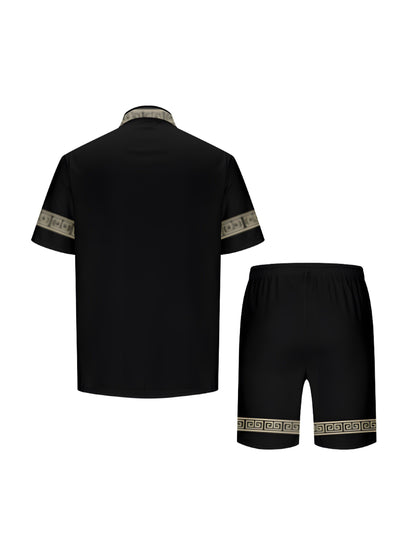 Men's Summer Short-Sleeve Casual Set with Geometric Pattern – Stylish Button-Up Shirt and Shorts, Ideal for Relaxed Occasions