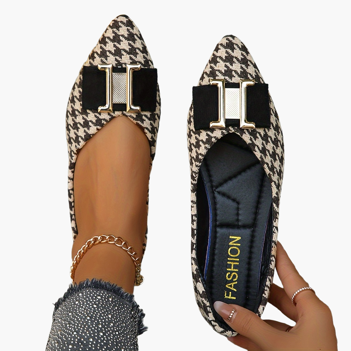 Women's Elegant Houndstooth Lace Shoes with Bow Detail – Stylish Everyday Ballet Flats for Spring & Office