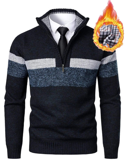 Men's knitted sweater with a stand-up collar and zipper, striped, softly lined inside