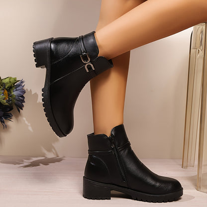 Women's ankle boots with decorative buckle and zip, lug sole, block heel
