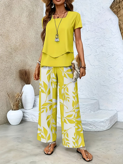 Women's Elegant Two-Piece Set with Short-Sleeve Shirt and Wide-Leg Pants, Floral, Perfect for Everyday and Vacation