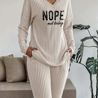 Ribbed women’s two-piece set with a V-neck top featuring lettering and wide-leg pants